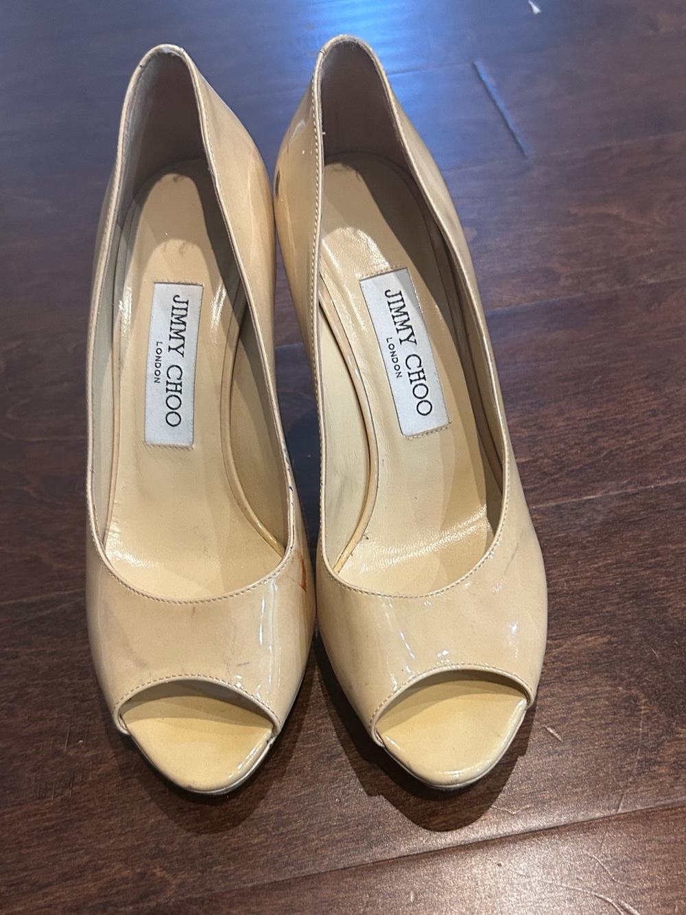 Jimmy Choo Beige Patent Leather Peep-Toe Pumps